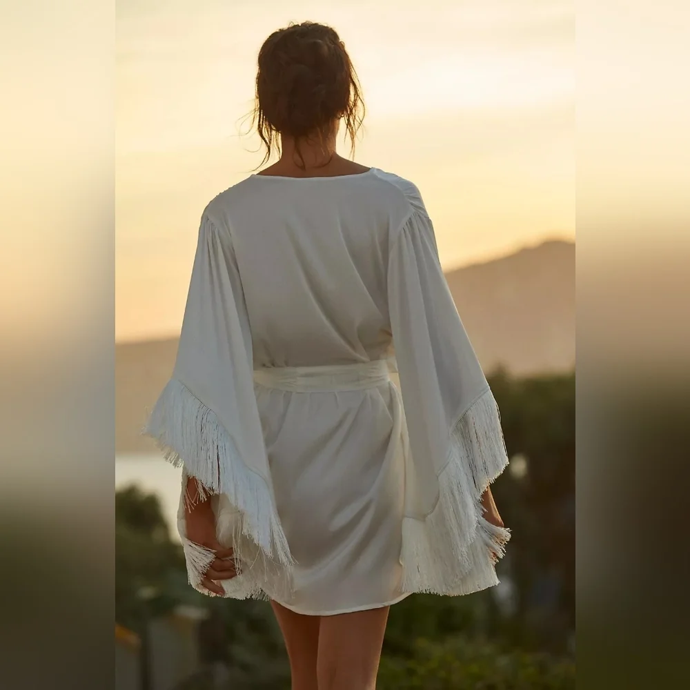 Homebodii Pricilla fringe Luxury White Satin Robe - Picture 2 of 16